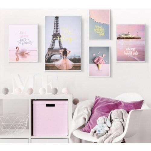 Fresh Personality Cartoon Girl Bedroom Living Room Decorative Canvas Painting Pink Style Paris Tower Cuadros Decoracion Salon