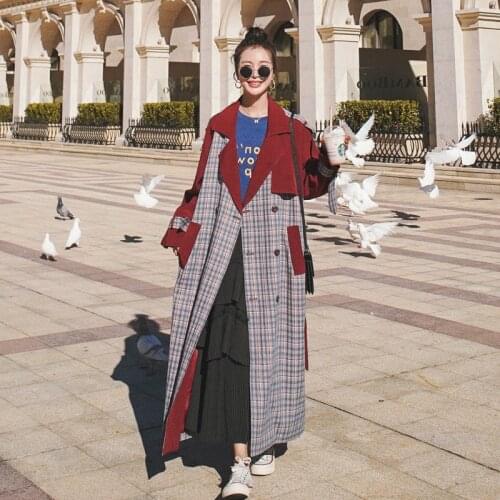 Womens Red Plaid Long Windbreaker Spring Autumn Korean Loose Retro Contrast Color Fashion Quality Coat Temperament Ladies Cloak