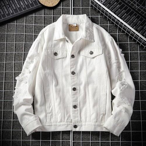 Autumn New White Pink Black Hole Ripped Denim Jacket, Solid Color Loose Casual Plus Size 5XL Hip Hop Street Washed Jeans Jacket