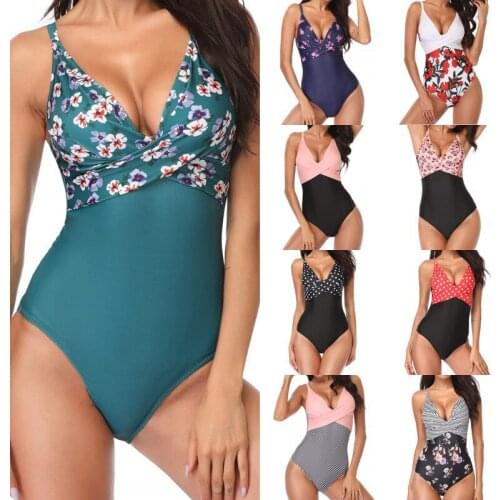 Womens Monokini Front Cross Summer Printed Swimsuits Beach Surf Spring Bathing Suits Tummy Control One Piece Swimwear