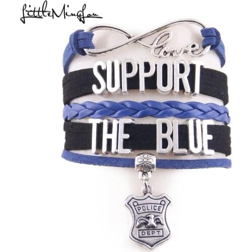 Little Minglou Infinity love support the blue bracelet Police Badge charm leather wrap men bracelets & bangles for women jewelry