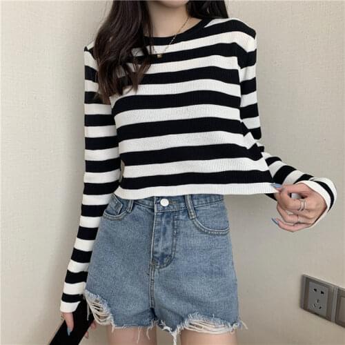 Lady O Neck Full Sleeve Street Pullover Knitted T-shirt Girl Elegant Striped Basic Knit T Shirt Autumn Korean Fashion Clothes