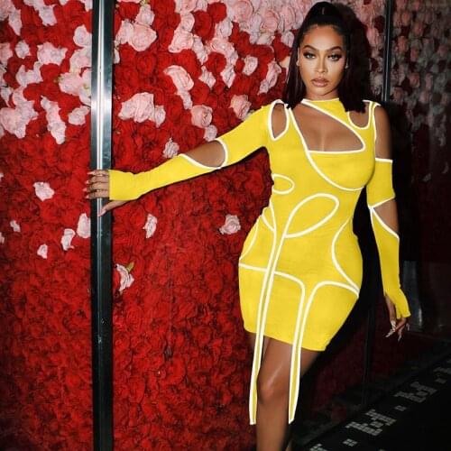 Sexy Cut Out Bodycon Dress Women Long Sleeve Irregular Patchwork Birthday Mini Dress Club Night Party Dresses Vestido De Mujer
