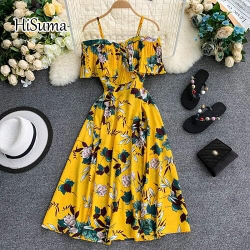 2020 summer new womens strap V-neck flower printing ruffles waist chiffon A-line dress female sling elegant beach dresses