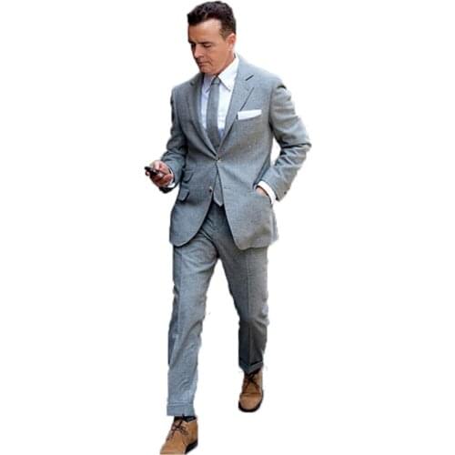 2020 Grey Tweed Men Suits For Wedding Custome Made Dinner Suits Business Suit Evening Dress Groom Wear Two Pieces(Jacket+Pants)