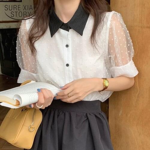 2021 Summer New Elegant White Black Contrast Color Short Sleeve Blouse Mesh Stitching Polka Dot Chic Ol Shirts Camisas 15193