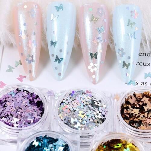 6 Colors/Set Holographic Butterfly Plum blossom Nail Glitter Sequins Spark Flakes Nail Art Paillette Decal