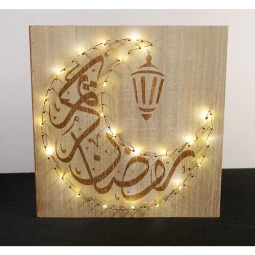 DIY Wood Eid Mubarak Moon LED Light String Wooden Plaque Hanging Pendant Ramadan Handicraft Wall Decoration for Home