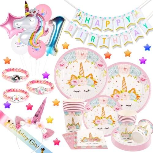 Unicorn Birthday Party Decorations Unicorn Balloon Disposable Tableware Set Girl Baby Shower Decor Kids Birthday Party Supplies