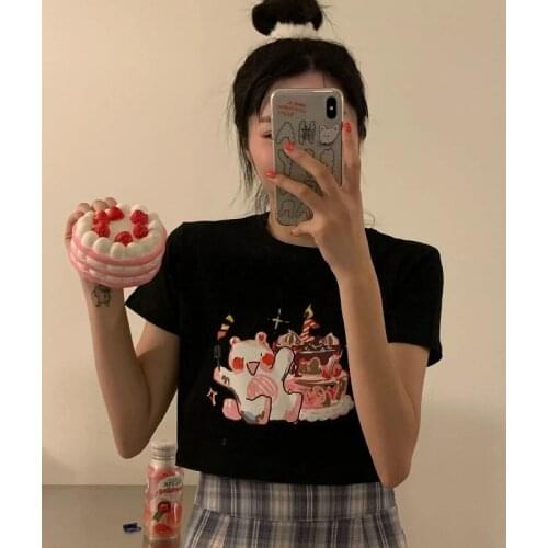 Gothic Streetwear Sexy Female Top Tee Bear print accessory album Kawai Women Vintage Tops Goth T-shirt Bodycon Black T-shirts