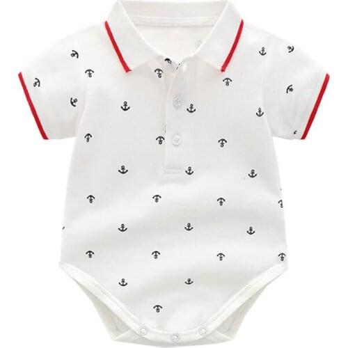 Summer Newborn Baby Short Sleeve Rompers Boy Soft Cotton Printed Top Red Turn-down Collar Children Jumpsuit White Black