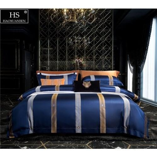 Leopard Design Sapphire Blue 4Pieces Yarn Dyed Jacquard Bedding Sets BedLinen Queen King Size Duvet Cover Pillowcase Bedsheet