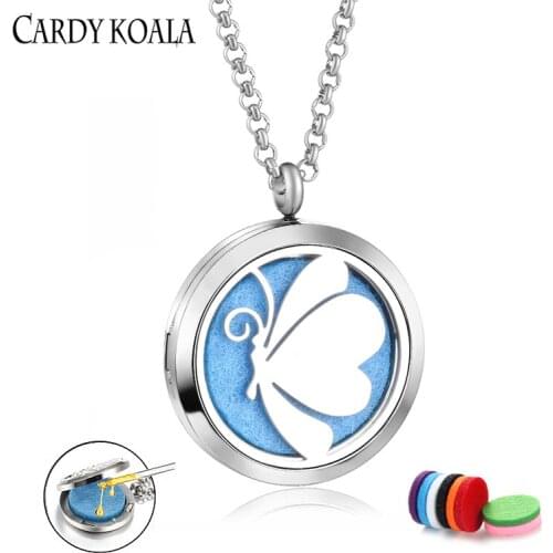 Stainless Steel Butterfly Carved Hollow Cotton Piece Aromatherapy Diffuser Perfume Essential Oil Necklace Couple Pendant