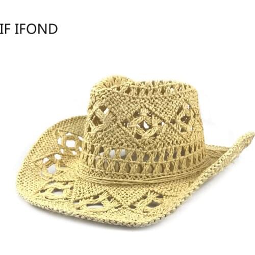 Summer Western Cowboy Straw Hollow Hat Hand Made Beach Felt Sunhats Party Cap Casual Panama Cowgirl Jazz Sun Hat