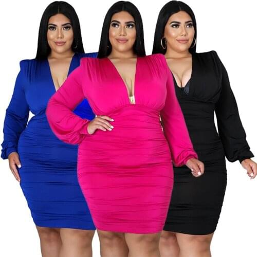 Cutubly Plus Size Woman Dress Bodycon Pleated Sexy Party Wear Long Sleeve Midi Dresses Slim Deep V Solid Autumn Fashion Vestidos