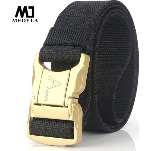 MEDYLA Mens Belt 2019 New Gold Aluminum Safety Buckle Outdoor Tactical Belt Casual Wild Mens Belt