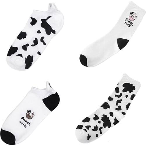 Four Seasons Cow Print Socks Women Cotton Harajuku Casual Cartoon Socks Breathable Kawaii Japanese Style 2 Pair Pack Female