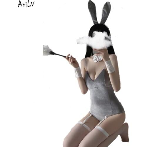 AniLV Women Sexy Bunny Girl Pajamas Uniform Costumes Role Play Cute Gray Rabbit Bodysuit With Garter Erotic Lingerie Outfit Set