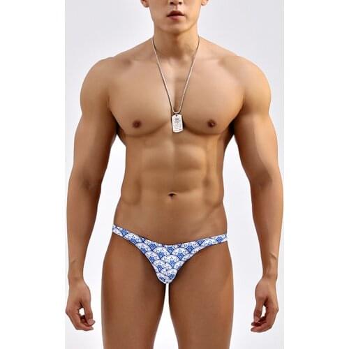 Sexy blue floral men swimsuits narrow side super low waist tight men swimwear bikinis swim briefs trunk samll size
