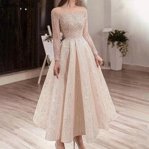 Serene Hill Muslim Ivory Luxury Evening Dresses Gowns 2021 A-Line Beading Formal Woman Wedding Party LA71111