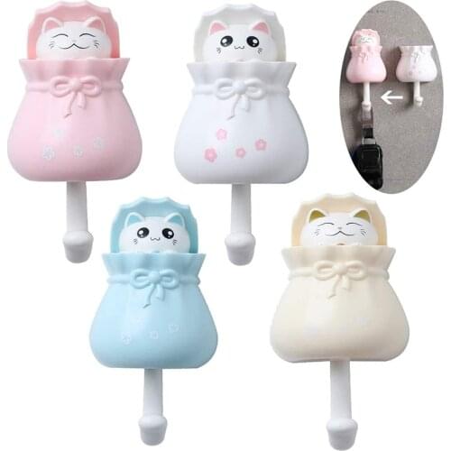Cute Cat Hooks Creative Adhesive Coat Hook Decorative Hooks Key Holder Wall Mounted Adhesive Coat Hanger Storage Rack Organizer
