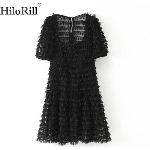 Stylish Lace Black Mini Dresses Women Short Sleeve Chic Party Dress Fashion Square Collar High Street Dress Summer 2021 Vestidos