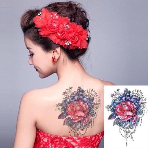 Waterproof Temporary Tattoo Sticker Red Rose Flower Diamond Necklace Fake Tatto Flash Tatoo Back Leg Arm Body Art for Girl Women