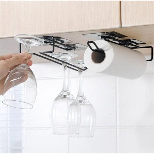 Iron Wine Glass Hanging Rack Tissue Stand Paper Roll Holder Glasses Stemware Shelf Under Cabinet Cups Organizer Kitchen Tools