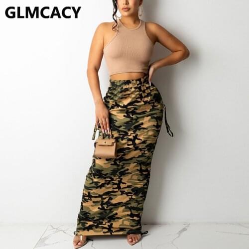 Women High Waist Camo Printed Maxi Skirt Slim Pencil Bottoms Skirts