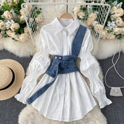 Korean Spring Womens Single-Breasted Long Blouse Tops Lotus Root Puff Long Sleeve White Shirt Dress Denim Spaghetti Strap Corset