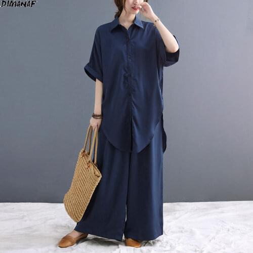 DIMANAF Plus Size Women Two Piece Set Suit Blouse Solid Silky Elegant Shirts Wide Leg Pants Loose New Pants Oversize Summer 5XL