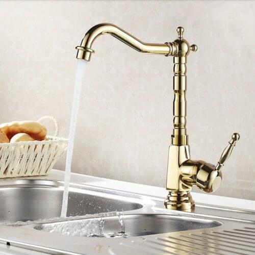 European Sytle Gold Brass Kitchen Faucet Single Hole Handle Swivel 360 Degree Kitchen Sink Faucet Water Mixer Tap