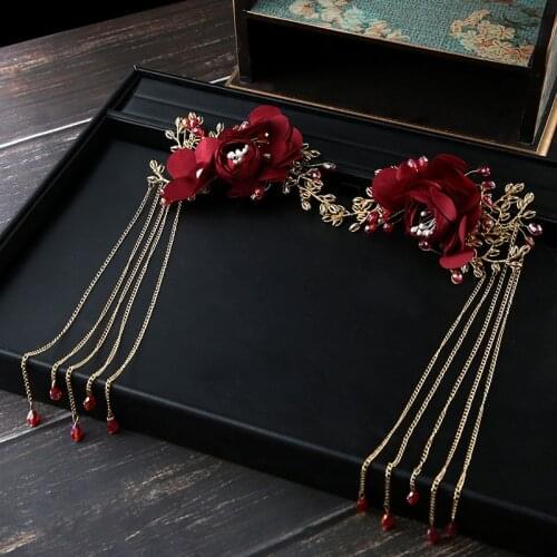 1 pair Korean super fairy tassle Bride headdress wedding red wedding hairband hair ornaments wedding service accessories