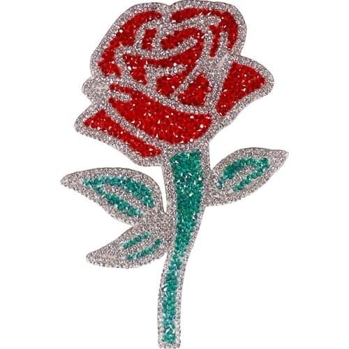 10piece Red Rose Flower Iron on Patches Embroidery Crystal Applique Motif Rhinestones Applique DIY Clothes Sticker T2324