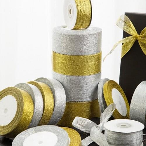 25Yards/Roll Wedding Gift Wrapping Satin Ribbons Bow for DIY Crafts 40mm Gold/Silver Onion Glitter Ribbons Christmas Home Decor