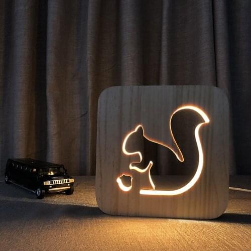Bedroom Decor 3D LED Lamp Night Light USB Desk Table Lamps Squirrel Nut Pattern Gift Natural Pine Wooden Room Decoration Lights