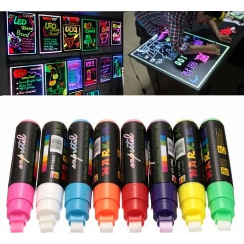 8Pcs 10mm Re LED Highlighter Neons Writing Board Marker Fluorescent Liquid Chalk Pen for Drawing Painting Writing Art Support