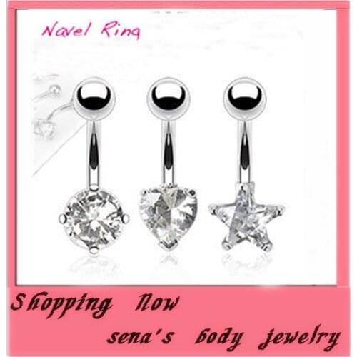 Free Shipping 24pcs/lot mix 3 style clear CZ Crystal Fashion Body Piercing Jewelry star navel belly ring