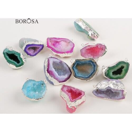 BOROSA 1Pcs Silver Plated Freeform Rainbow Agates Druzy Geode Connector Fashion Pendant Necklace for Women Jewelry Gifts CL252