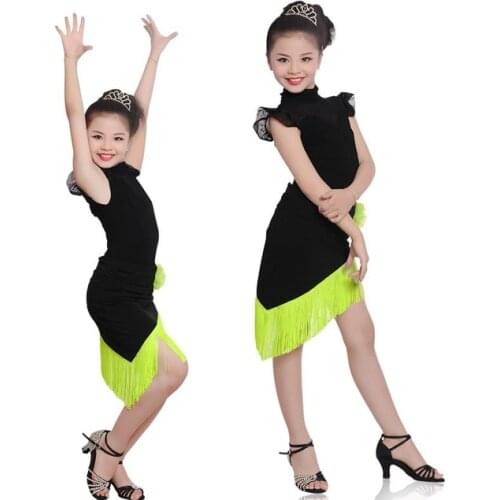Girls Kids Children Modern Ballroom Latin Dance Dress Green Fringe Salsa Tango Dance Wear Black Performance Stage Wear