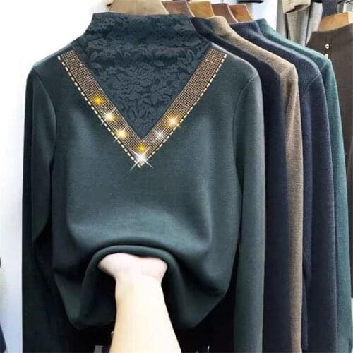 Double-sided Thick Velvet 2021 Autumn Winter New Lace Half-high Collar Slim Bottoming Shirt Women-blouses Office Lady Tops