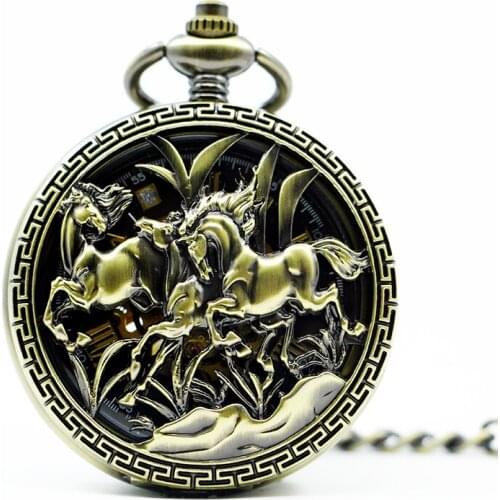 Retro Hollow Double Horse Design Pocket Watch Unique FOB Chain Roman Dial Bronze Skeleton Mechanical Hand Wind Men Watch PJX1298