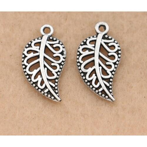 KJjewel Hollow Leaf Charm Pendant Tibetan Silver Plated Jewelry DIY Making Bracelet Accessories Handmade 15x14mm 20pcs/lot
