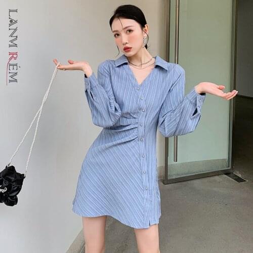 LANMREM 2021 Autumn New Woman Long Sleeve Striped Irregular Single Breasted Mini Dress Female Fashion Party Clothing 2W267