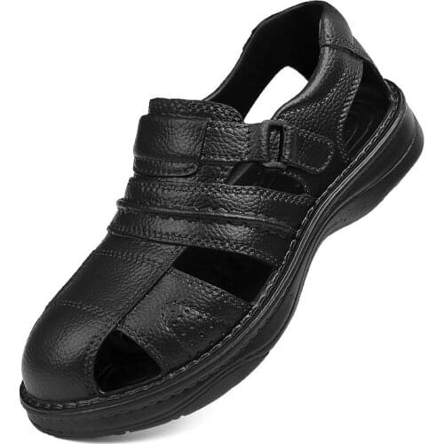 Summer Hoop & Loop Mens Sandals Imitation Printed Leather Mens Sandals Classic Rubber Male Flat Sandals