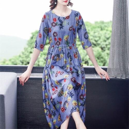 2021 Summer Fashion New Style Lightweight Breathable Cool Short-Sleeved Womens Clothing Cotton And Linen Floral Dress Trendy