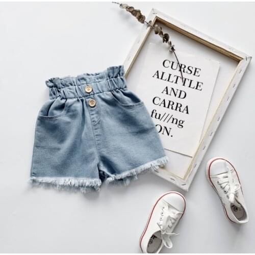 Infant Kid Girl Denim Shorts Toddler High Waist Frayed Raw Hem Pants with Pocket Decorative Button Summer Loose Jeans 1-5Years