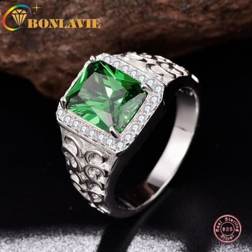BONLAVIE Mens Square Created Green Cubic Zirconia Relief Ring for Wedding 925 Sterling Silver Ring Men Jewerly