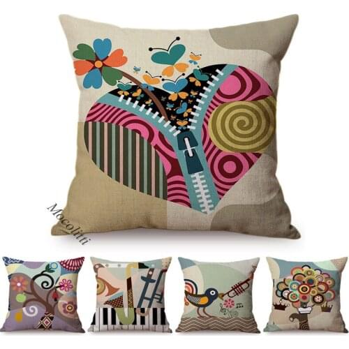 Pastel Abstract Hand Drawing Cartoon Geometric Home Decor Sofa Throw Pillow Case Love Music Life Tree Cotton Linen Cushion Cover