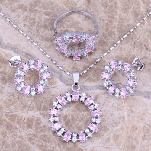 Captivating Pink White CZ Silver Plated Jewelry Sets Earrings Pendant Ring Size 5 / 6 / 7 / 8 / 9 / 10 S0144